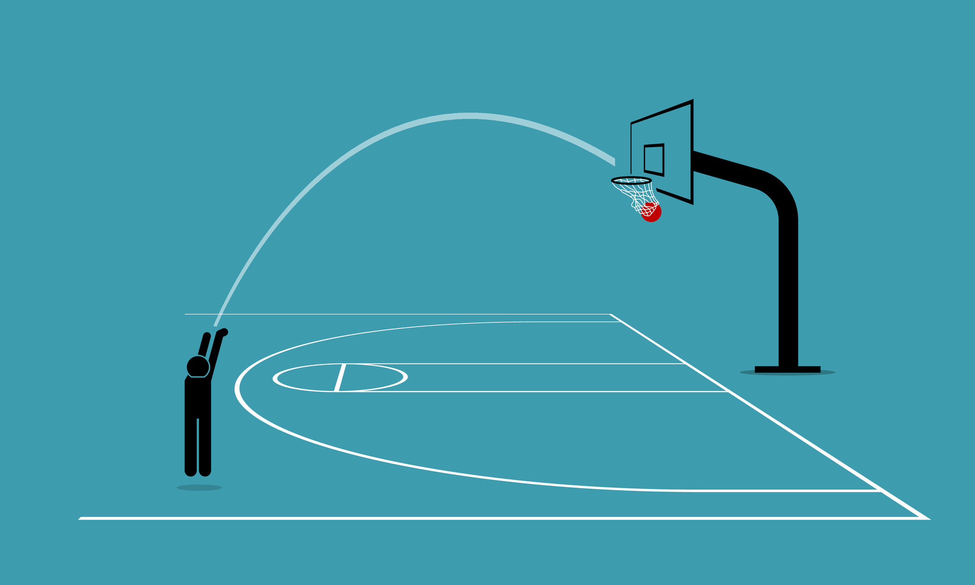 Man shooting a basketball from three point line into a hoop and score 3