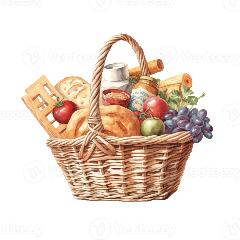 Woven basket, picnic basket, food woven basket ai generated image. High