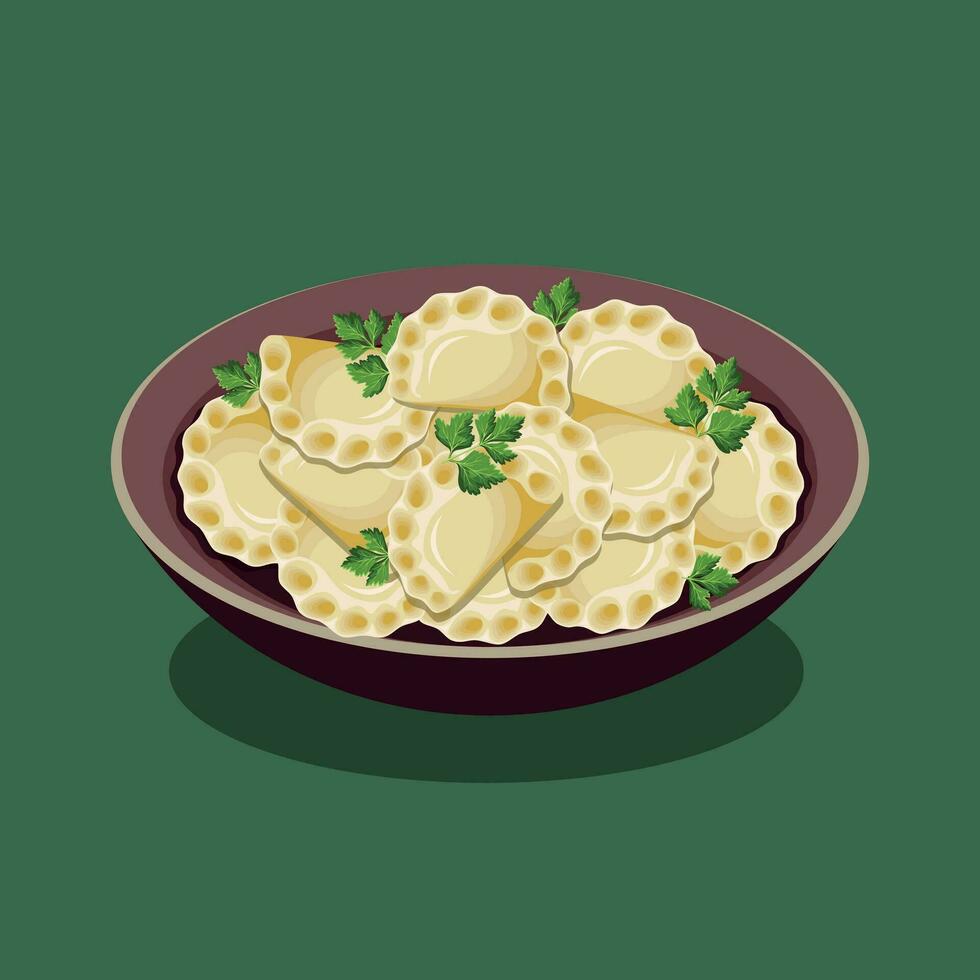 Ukrainian tradishional dish varenyky. Dumplings, varenyky, pierogi. Polish cuisine. Ukrainian cuisine. vector