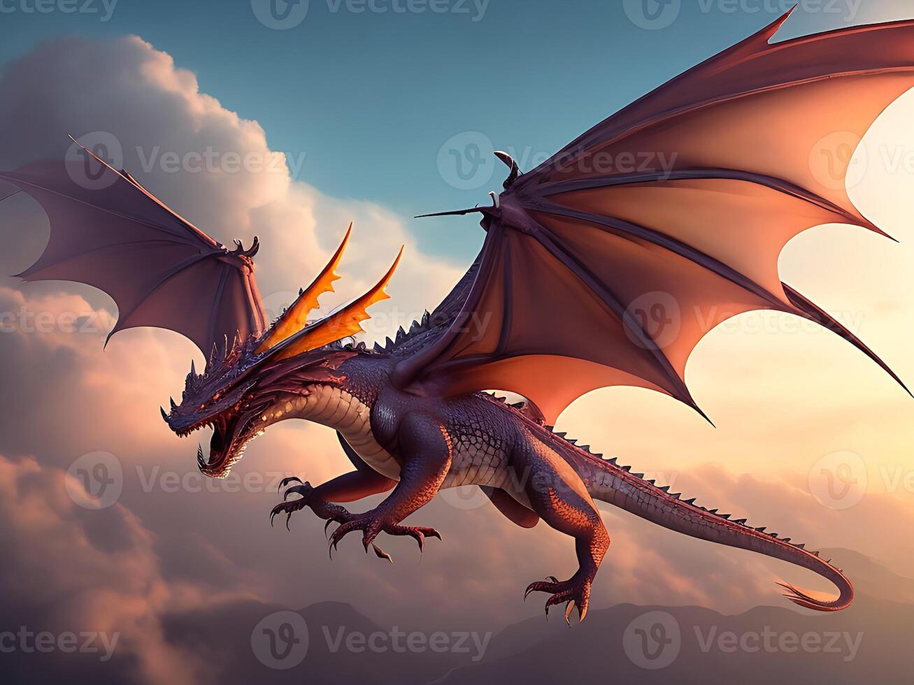 colossal, ancient dragon perches on a mountaintop, with a vast, sprawling fantasy world visible in the background, emphasizing the creature's majesty and power, rendered in a detailed. photo
