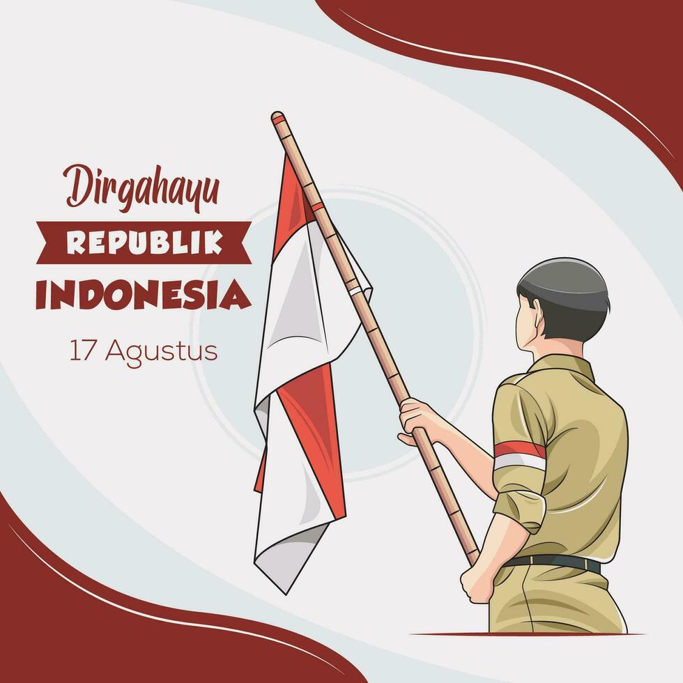 17 Agustus. Indonesian independence greeting card with soldier holding indonesian flag vector illustration pro download