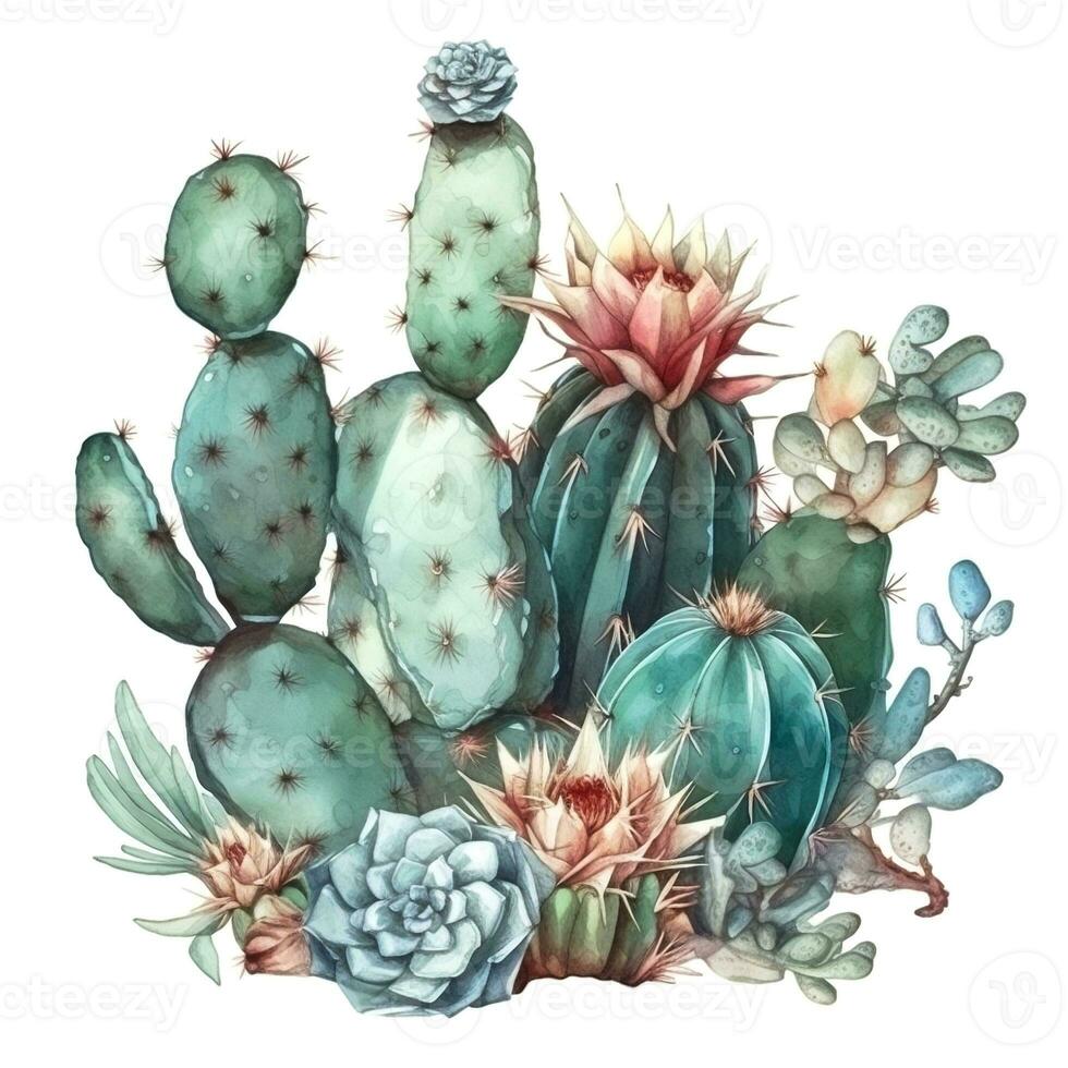 acuarela ilustración de un cactus. planta de casa, desierto, suculento. para creando carteles, pegatinas, postales, huellas dactilares, sublimaciones. ai generado foto