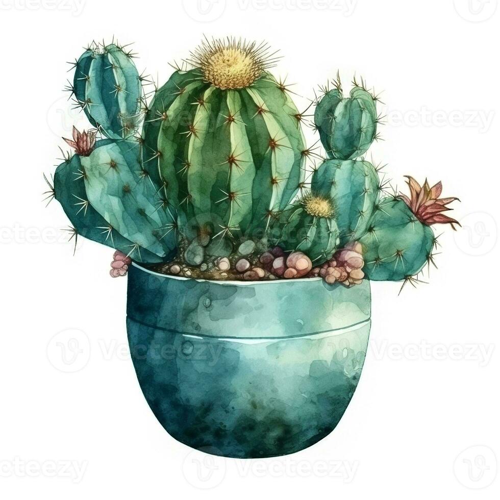 Watercolor illustration of a cactus. Houseplant, desert, succulent. For creating posters, stickers, postcards, prints, sublimations. AI generated photo