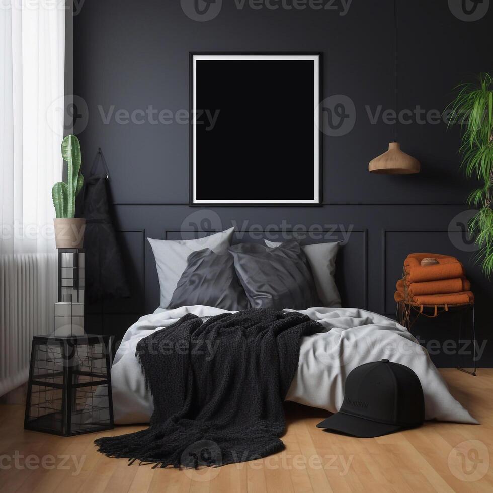 Generative AI.Black frame in comfortable bedroom interior mockup empty. photo