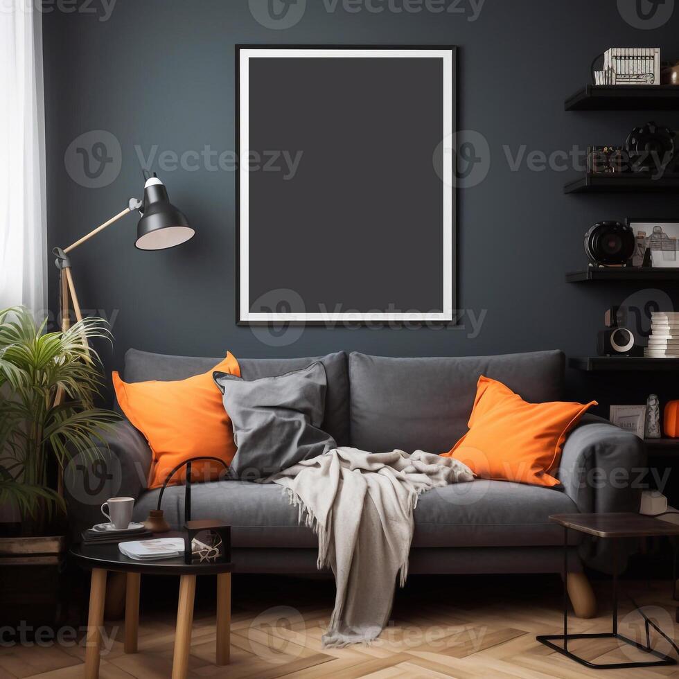 Generative AI.frames mock up in dark luxury living room photo