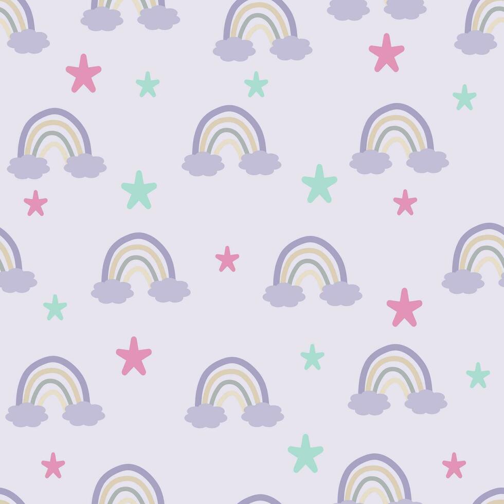 Seamless pattern  cute rainbow with stars for kids, children. Rainbow, clouds background. Scandinavian style for fabric, wallpaper, clothes, swaddles, apparel, planner, sticker vector