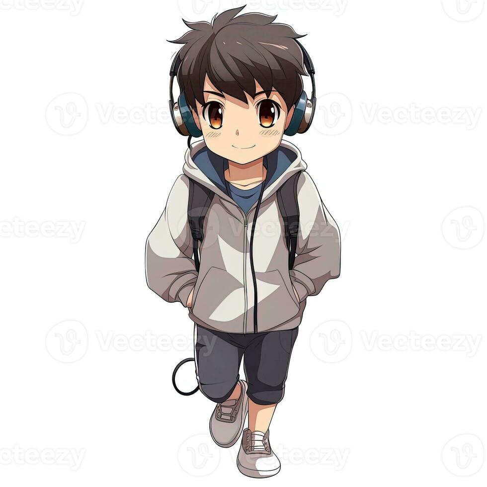 frio anime chico estilo con auriculares, generado por ai foto