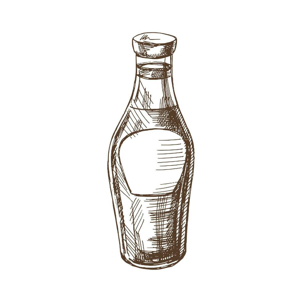 Organic food. Hand drawn vector sketch of glass bottle with sauce, ketchup. Doodle vintage illustration. Decorations for the menu of cafes and labels. Engraved immage.