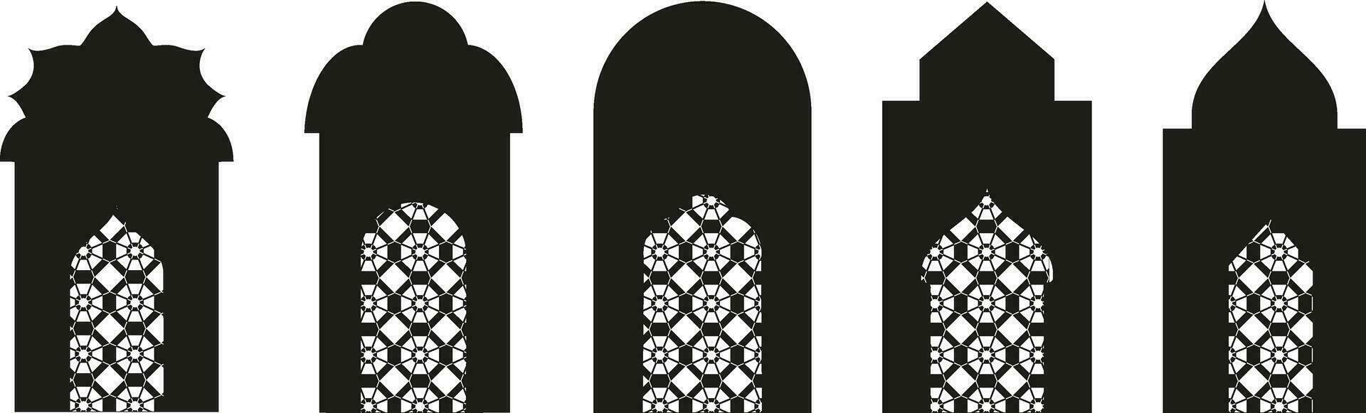 Set of black and white silhouettes of Islamic windows.Arab frame set.Ramadan kareem simbol icon. vector