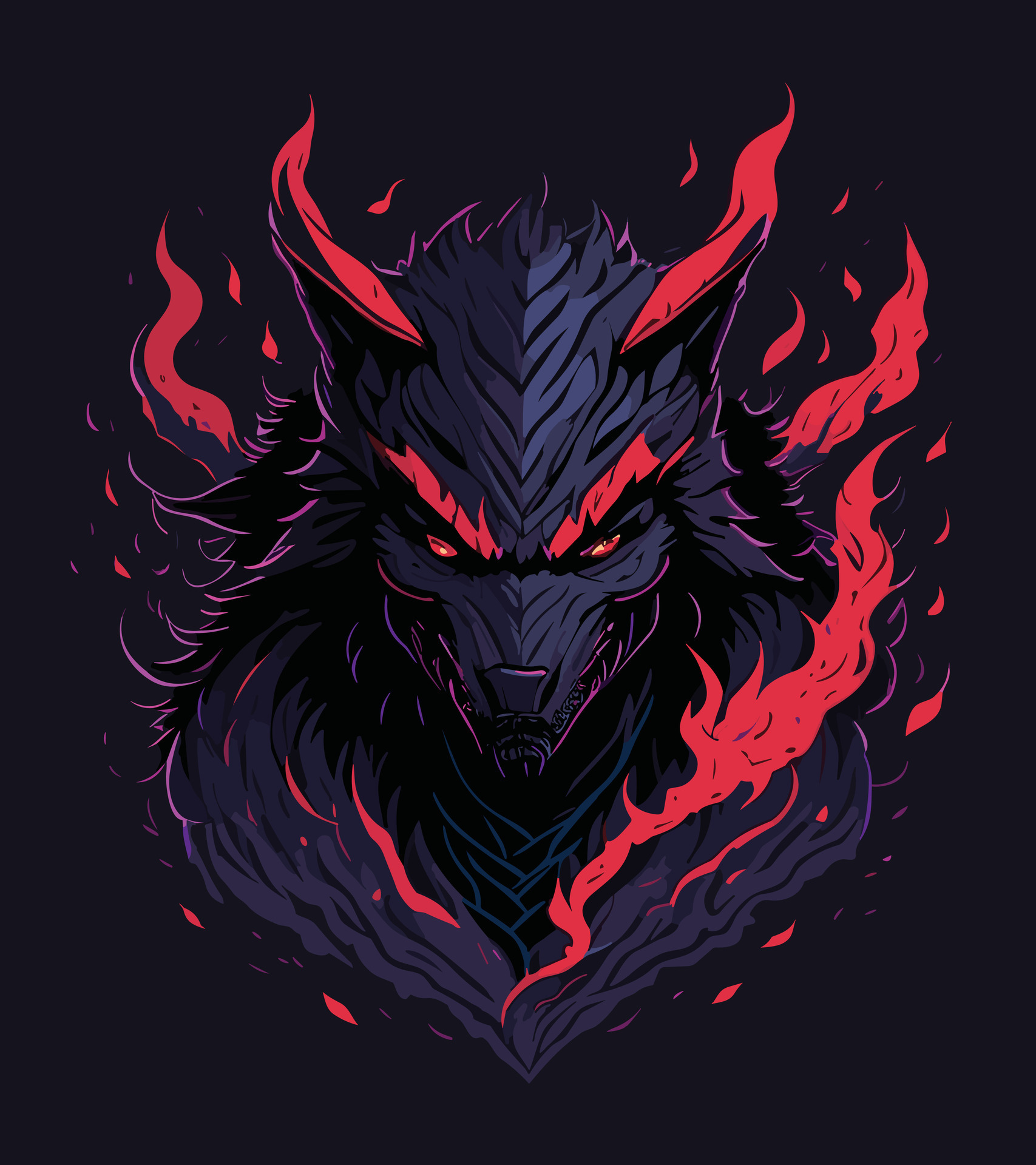 A detailed illustration face evil ninja wolf,magic, t-shirt design, red ...