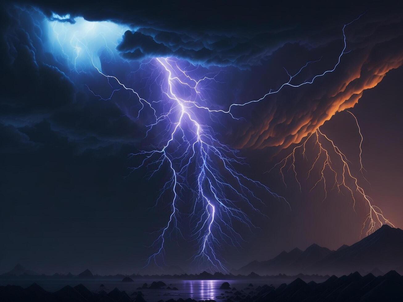 Dynamic Lightning Vibrant Colors and Intense Motion in an Atmospheric Stormy Background, photo