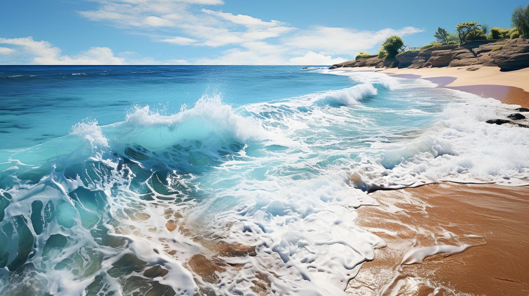 Top View of Tranquil Blue Ocean, Sandy Coast, and Palm-fringed Beach under Sunlight in Daylight photo