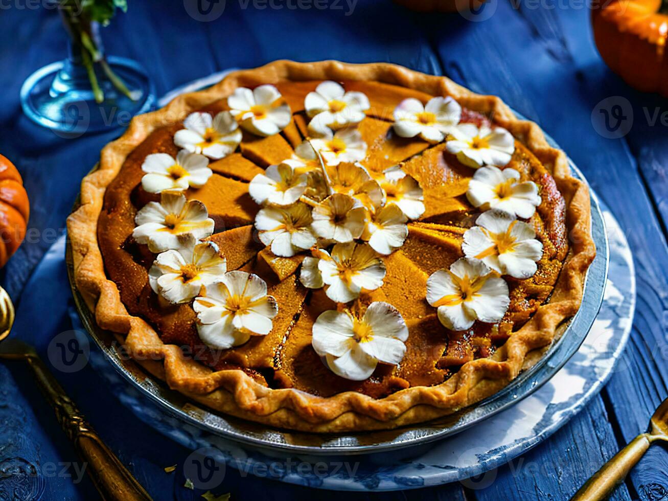 AI generated. Autumn. Fresh sweet Homemade Traditional Festive American Pumpkin Pie for Thanksgiving, Harvest Feast Ready to eat. Dessert. concept - symbol of holiday, tradition, delicious food, home photo