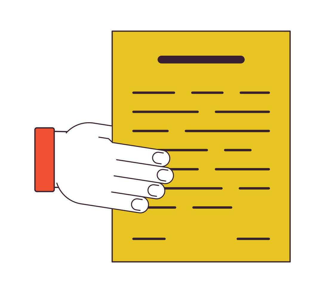 Hand gives paper blank flat line color isolated vector object. Share information. Editable clip art image on white background. Simple outline cartoon spot illustration for web design