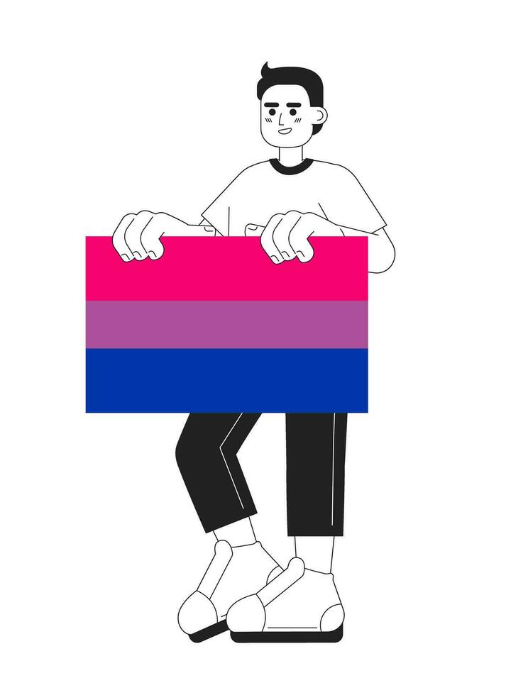 Handsome man holds bisexual pride flag monochromatic flat vector character. Editable thin line full body young lgbt person on white. Simple bw cartoon spot image for web graphic design