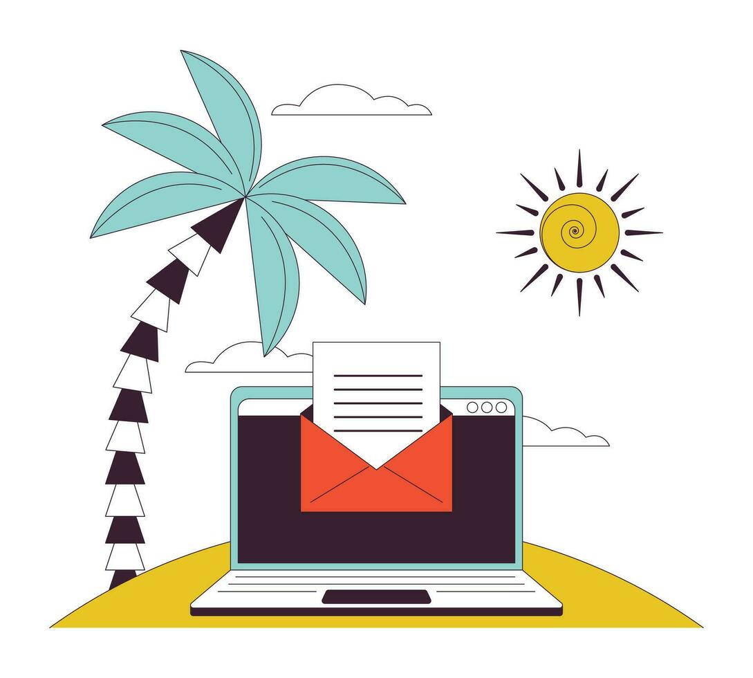 Email on laptop flat line color isolated vector object. Online communication at vacation. Editable clip art image on white background. Simple outline cartoon spot illustration for web design