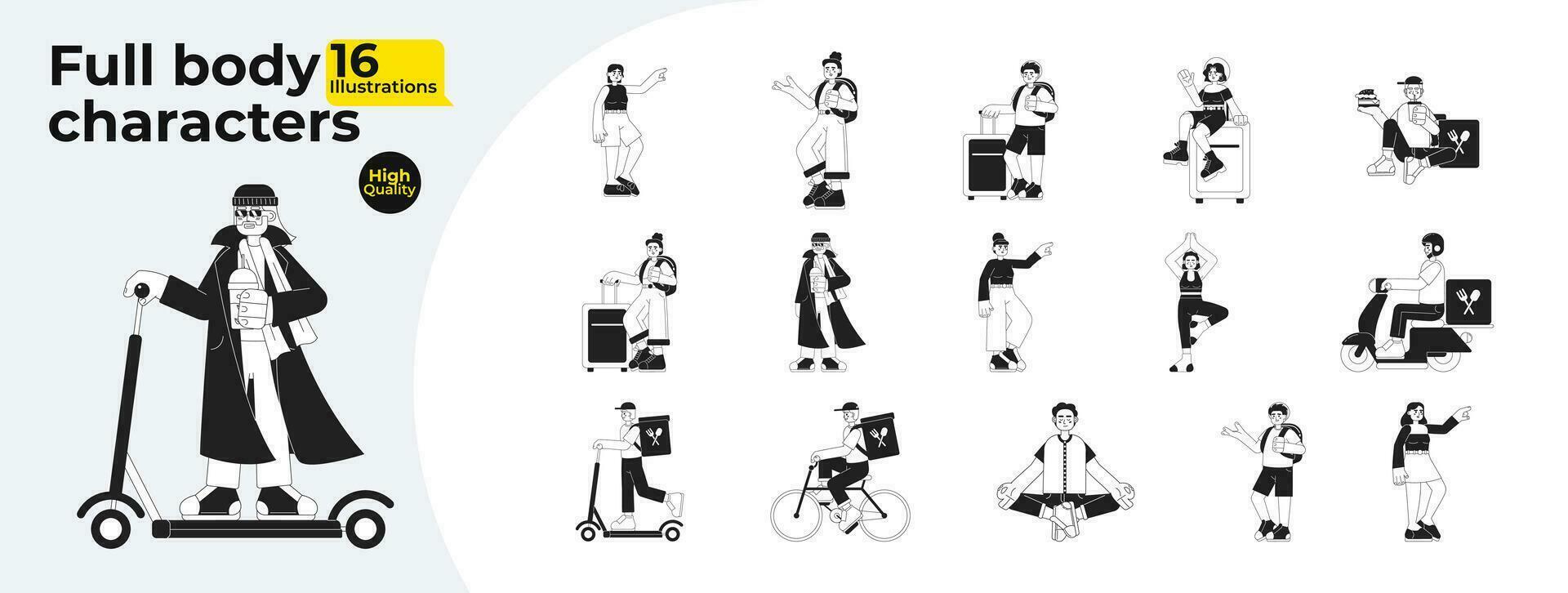 Active people monochromatic flat vector characters bundle. Leisure yoga. Food delivery. Editable full body people in different poses on white. Simple bw cartoon spot image for web graphic design