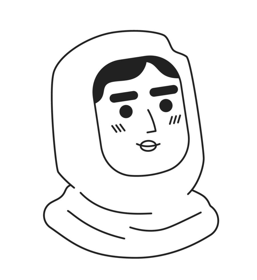 Muslim woman in hijab monochrome flat linear character head. Editable outline hand drawn human face icon. 2D cartoon spot vector avatar illustration for animation