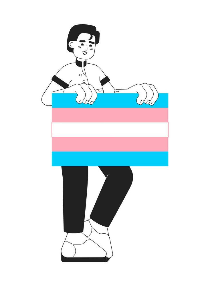 Guy shows transgender pride flag monochromatic flat vector character. Editable thin line full body man support transgender lgbt people on white. Simple bw cartoon spot image for web graphic design