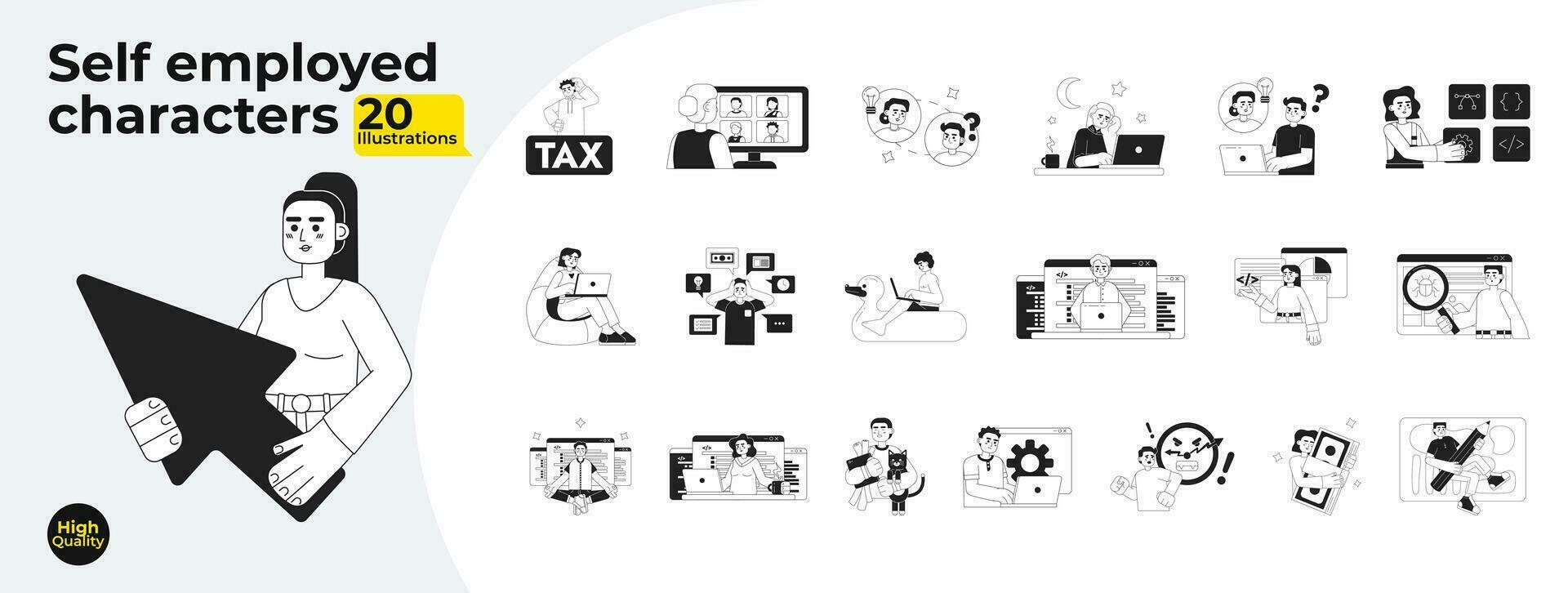 Freelancers with laptops monochrome concept vector spot illustrations bundle. Self employed 2D flat bw cartoon characters for web UI design. Isolated editable hand drawn hero image collection