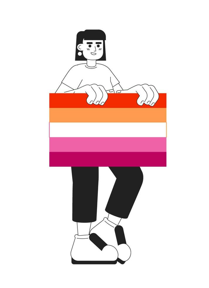 contento morena mujer sostiene lesbiana orgullo bandera monocromo plano vector personaje. lgbt comunidad. editable Delgado línea lleno cuerpo lesbiana en blanco. sencillo bw dibujos animados Mancha imagen para web gráfico diseño