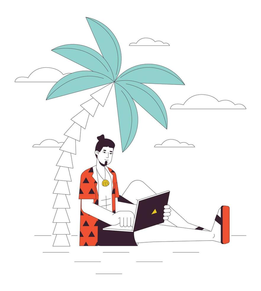 Freelancer on vacation flat line concept vector spot illustration. Caucasian man with laptop working 2D cartoon outline character on white for web UI design. Editable isolated color hero image