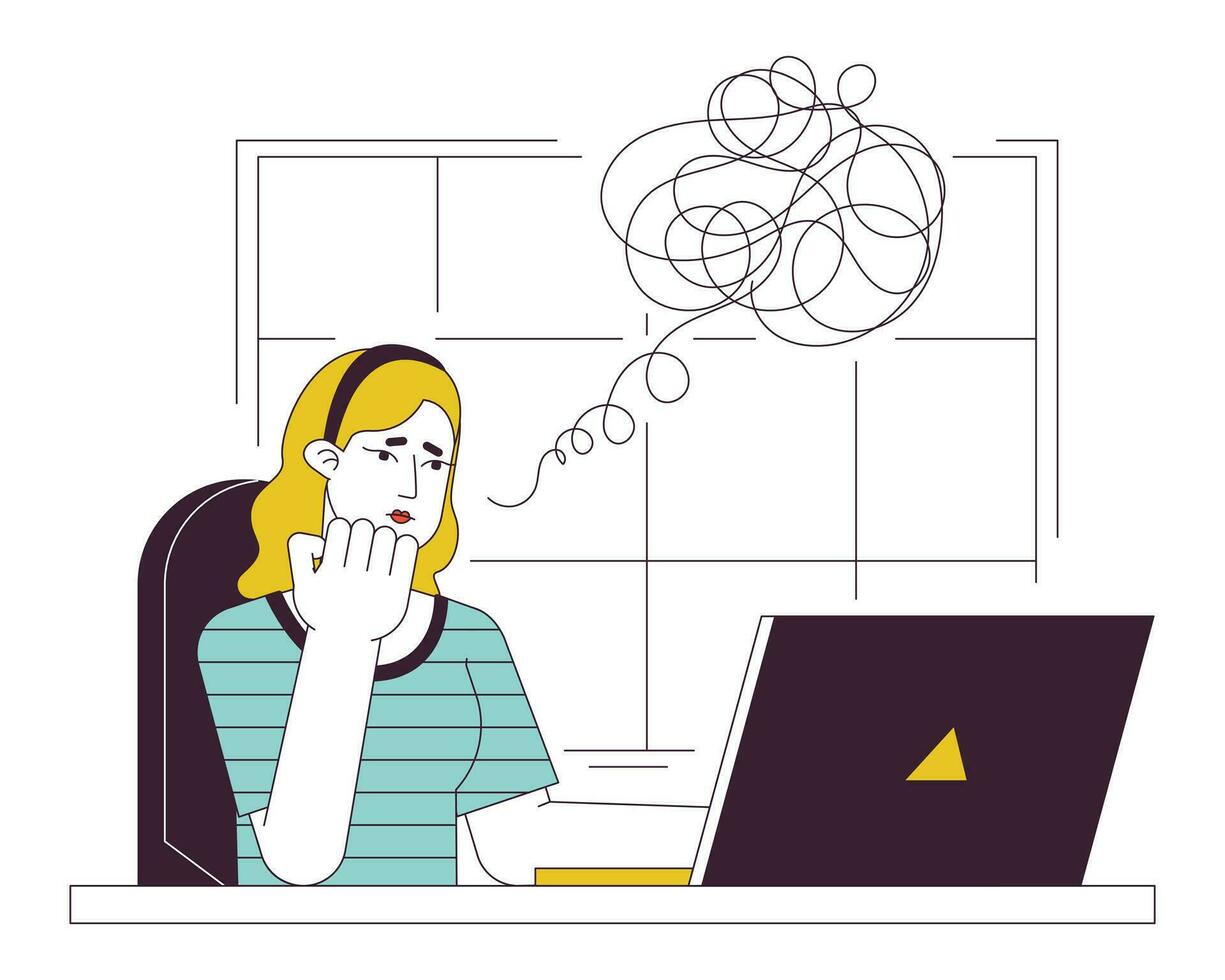 Anxious woman working at office flat line concept vector spot illustration. Freelancer 2D cartoon outline character on white for web UI design. Editable isolated color hero image