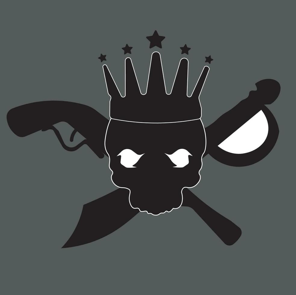 skull head illustration vector design, with and sword and gun on black on gray background. suitable for logos, t-shirt designs, websites, stickers, concepts, posters, advertisements.