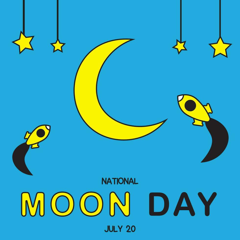 national moon day illustration vector design with moon,star and rocket on blue background. Suitable for logos, greeting cards, posters, stickers, websites, t-shirt designs, concepts.