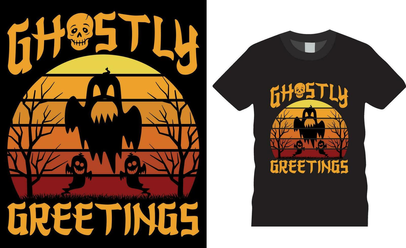 Premium vector, Ghostly greetings Halloween T-Shirt design vector template. Ghostly greetings