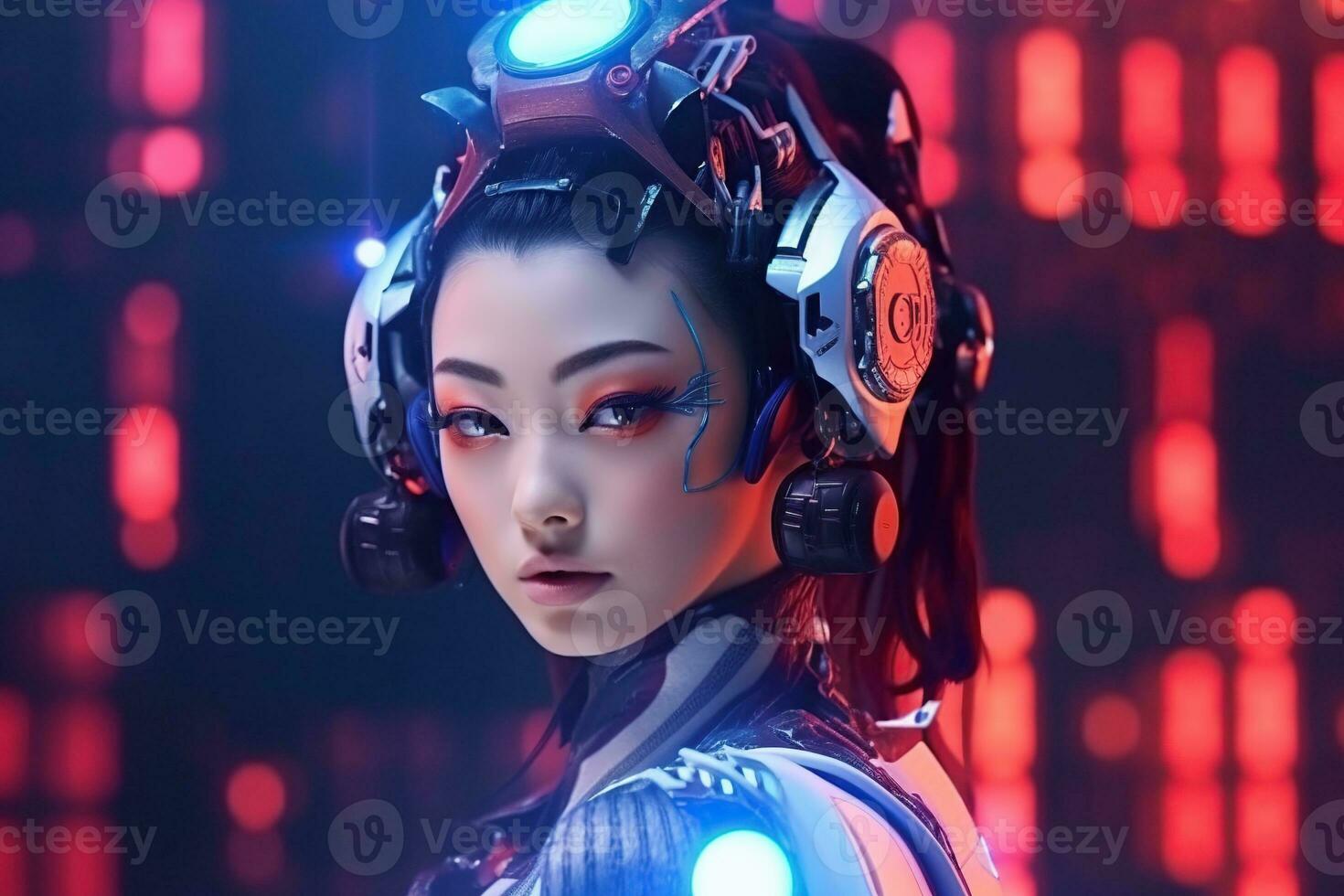 ilustración de un cyborg mujer y ai tecnología antecedentes , ai generado foto
