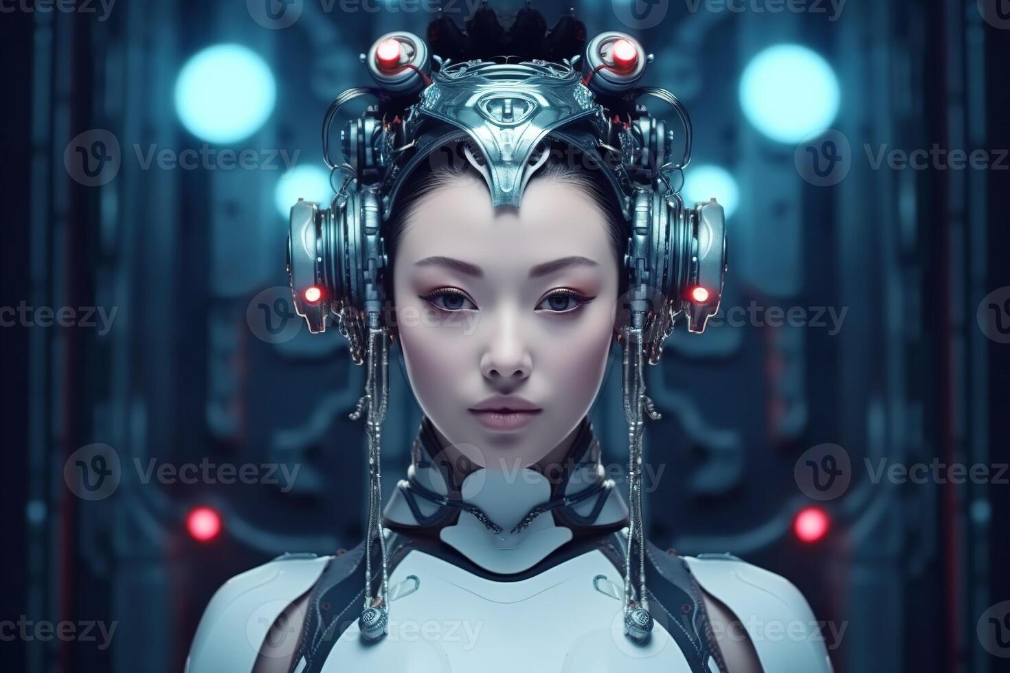 Illustration of a cyborg woman and Ai technology background , AI Generated photo