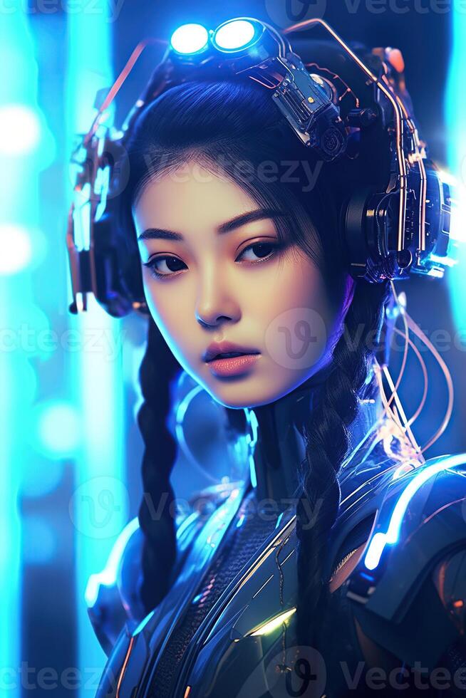 Illustration of a cyborg woman and Ai technology background , photo