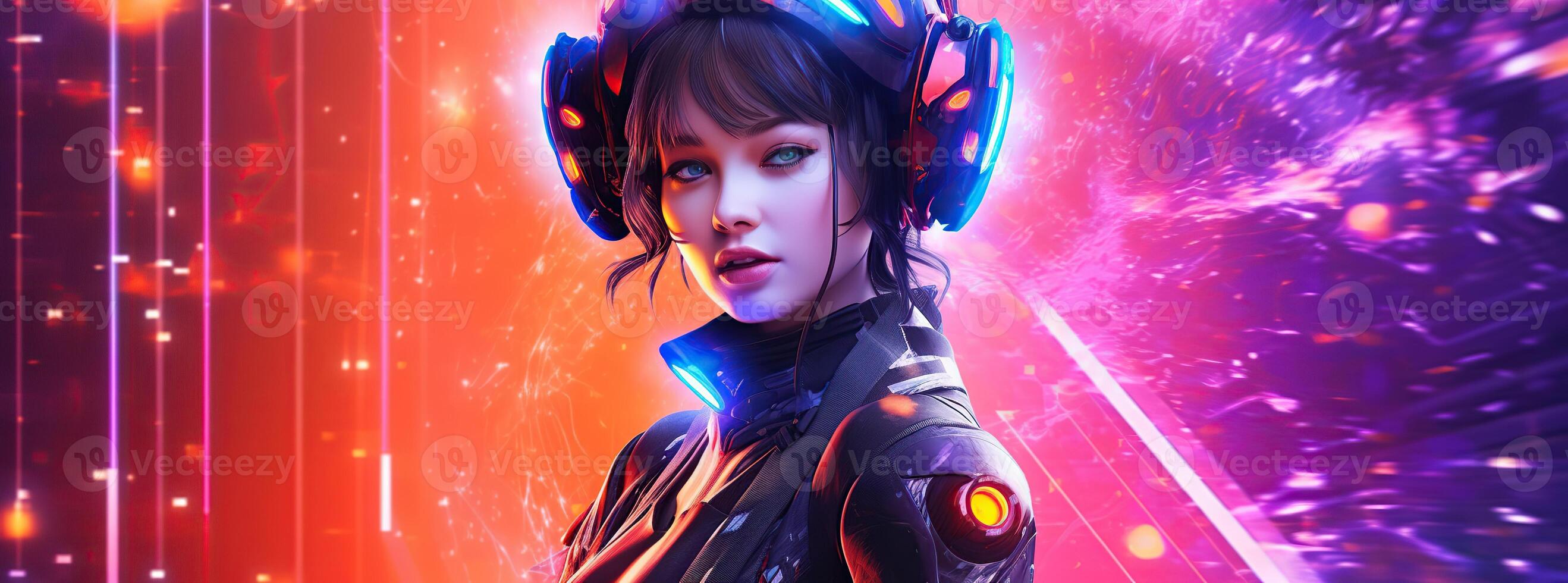 Illustration of a cyborg woman and Ai technology background , photo