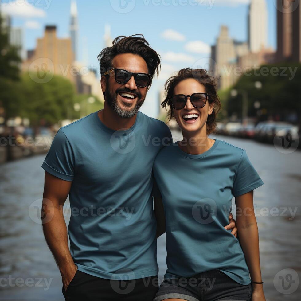 Illustration of a couple fashion portrait with plain t-shirt mockup, AI Generated photo