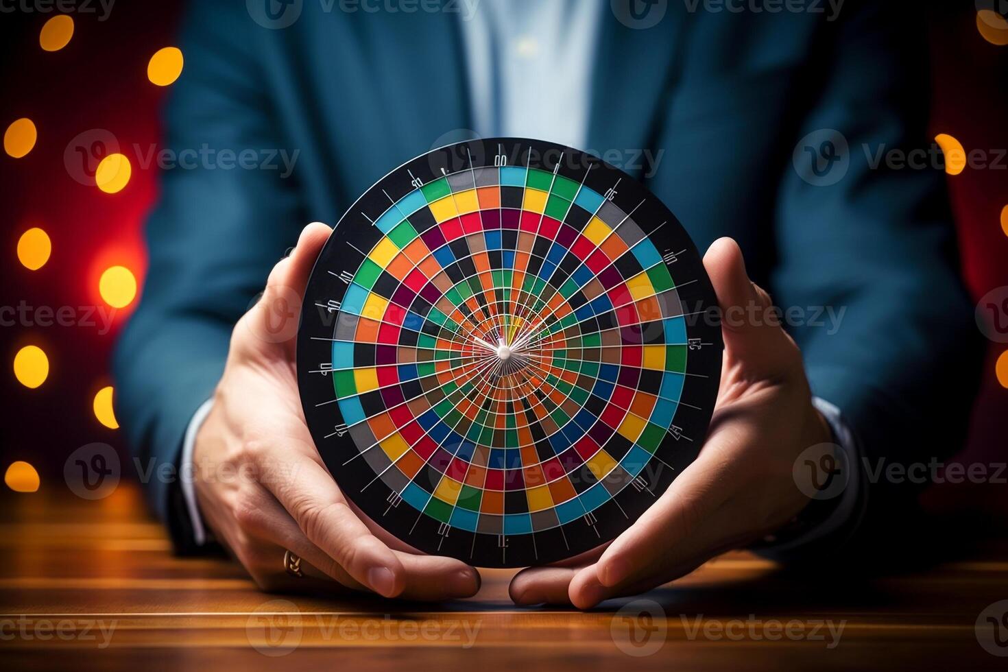 Businessman Aiming for Success Concept of Money, Dart Board, and Target photo