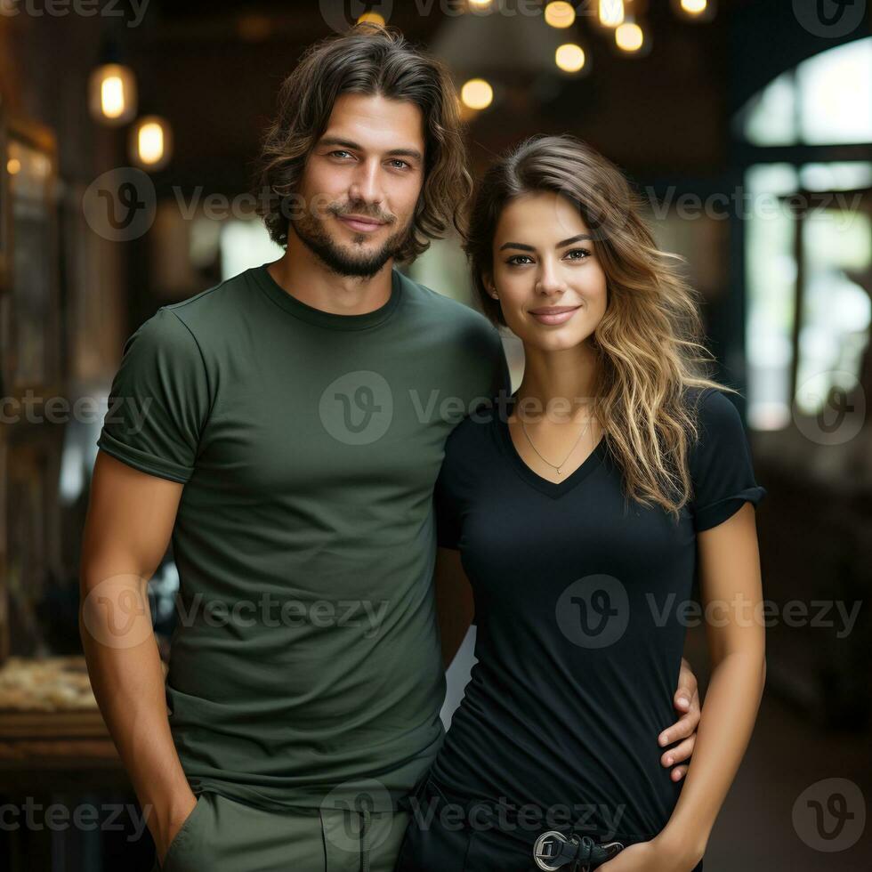 Illustration of a couple fashion portrait with plain t-shirt mockup, AI Generated photo