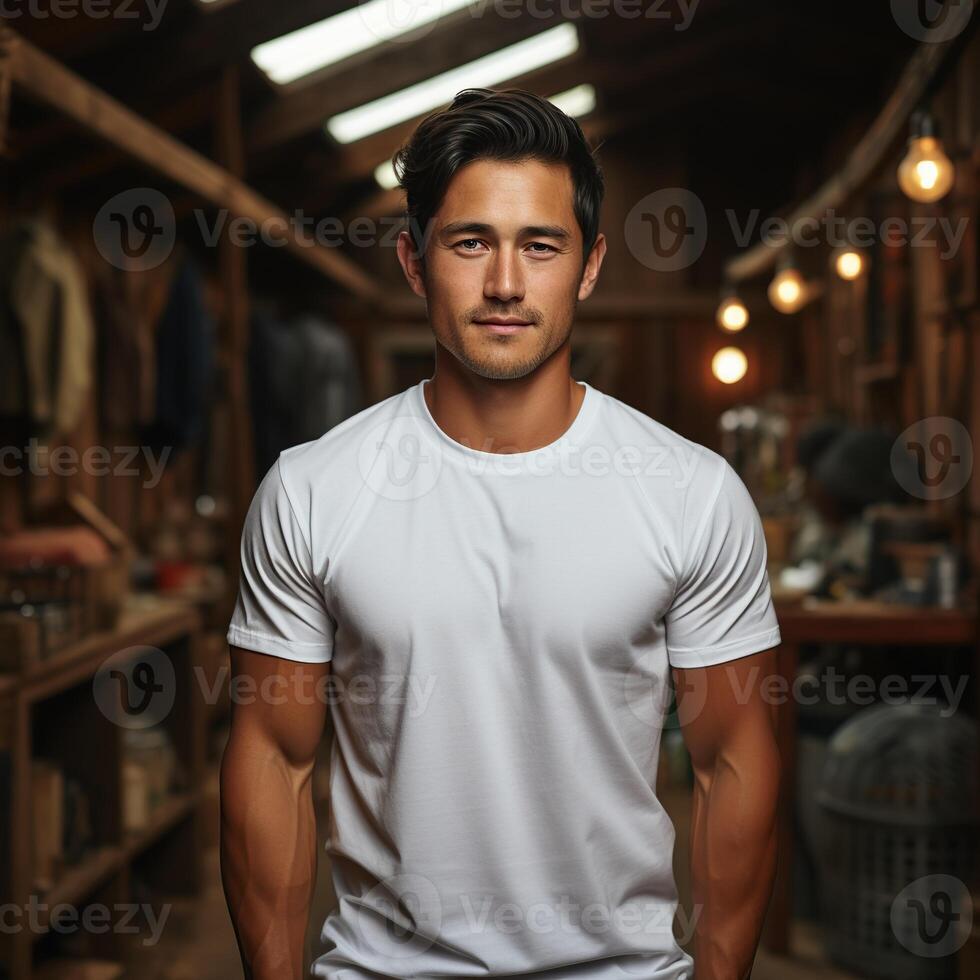 Illustration of a fashion portrait with plain t-shirt mockup, photo
