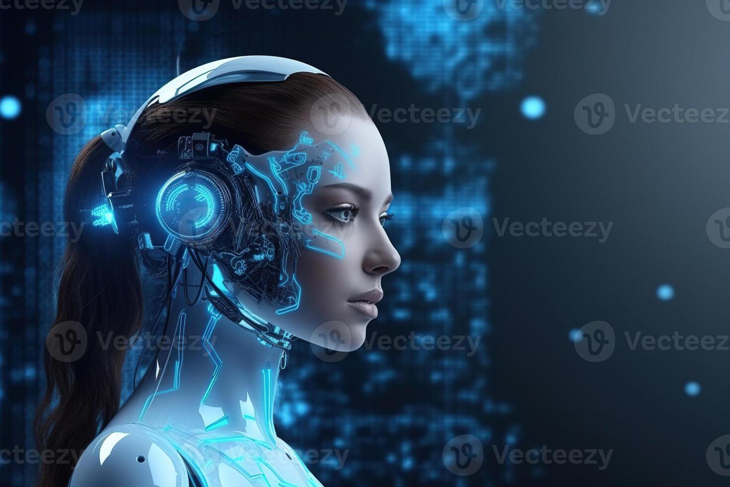 Illustration of a cyborg woman and Ai technology background , photo