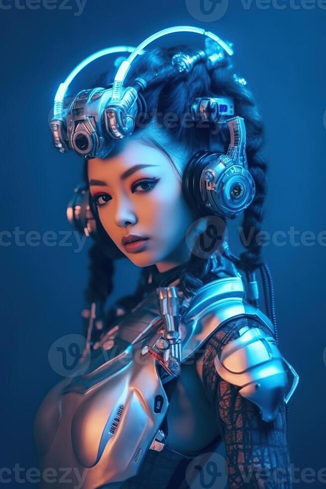 Illustration of a cyborg woman and Ai technology background , AI Generated photo