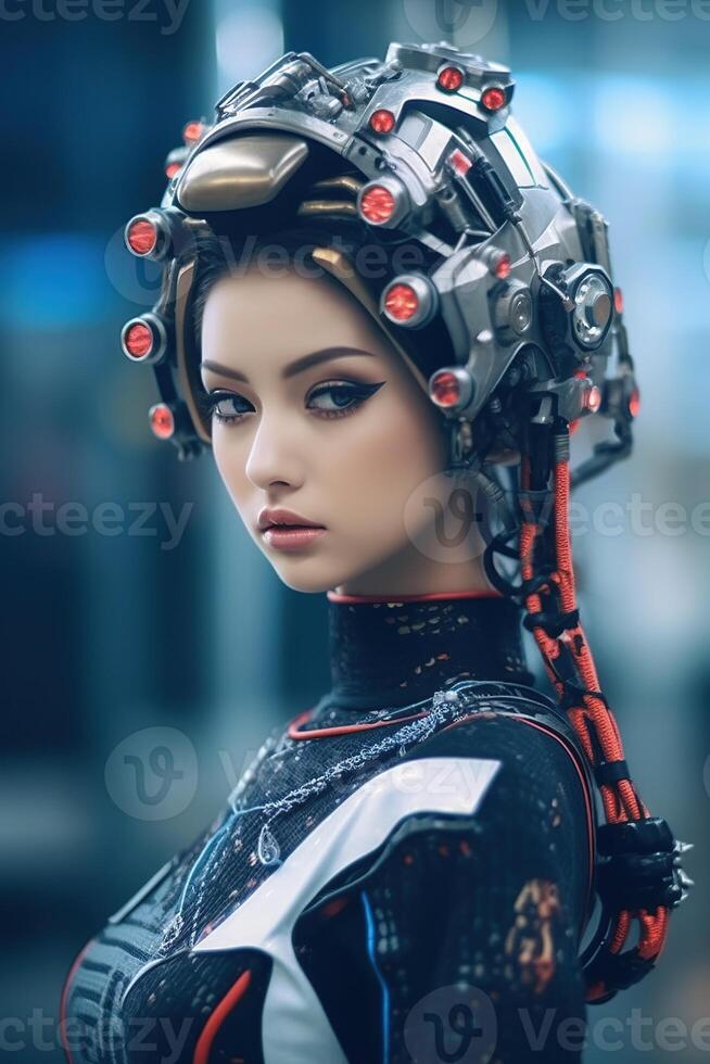 ilustración de un cyborg mujer y ai tecnología antecedentes , ai generado foto