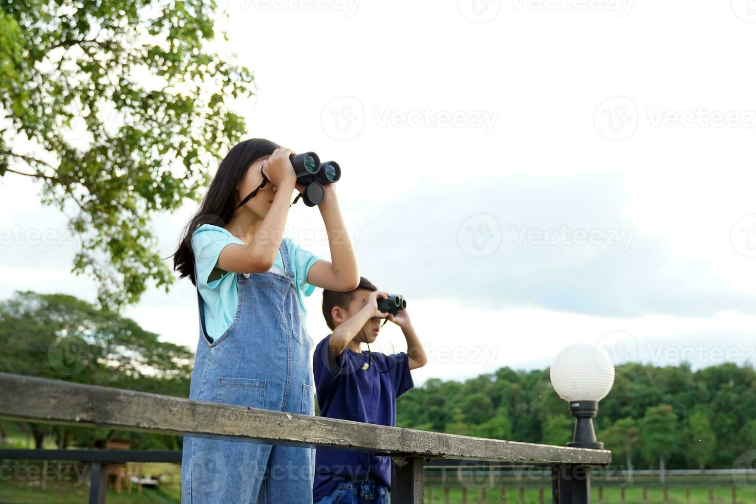 Children use binoculars to look at nature, birds, animals in the national park during family camping on vacation. with the concept of learning outside the classroom nature study, exploration. photo