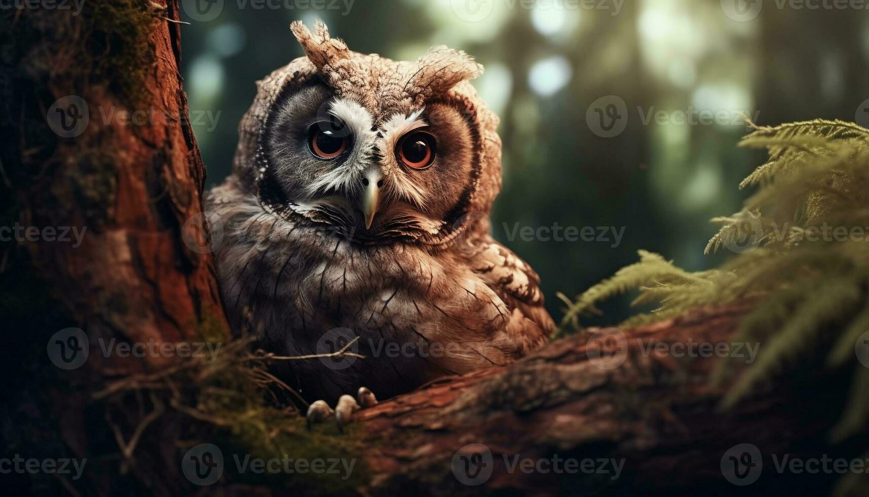 Majestic owl perched on branch, staring with wisdom and mystery generated by AI photo