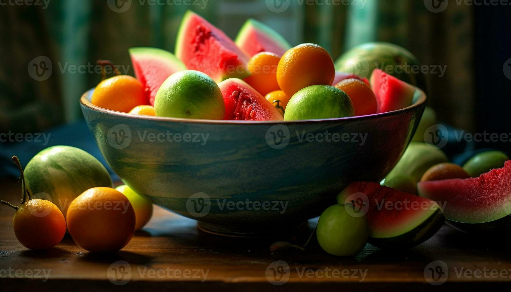 Freshness and nature on a rustic table, healthy eating with fruit generated by AI photo