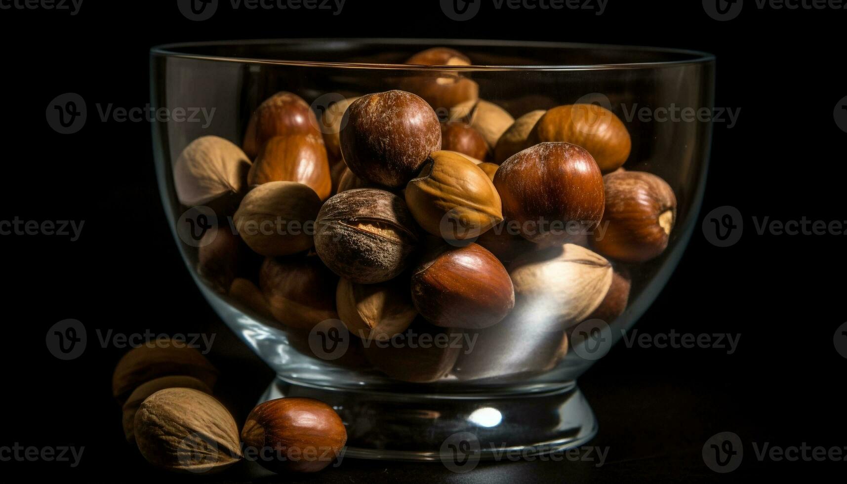 Nutshell with hazelnut and snack, seed, wood, bowl, healthy eating, season generated by AI photo