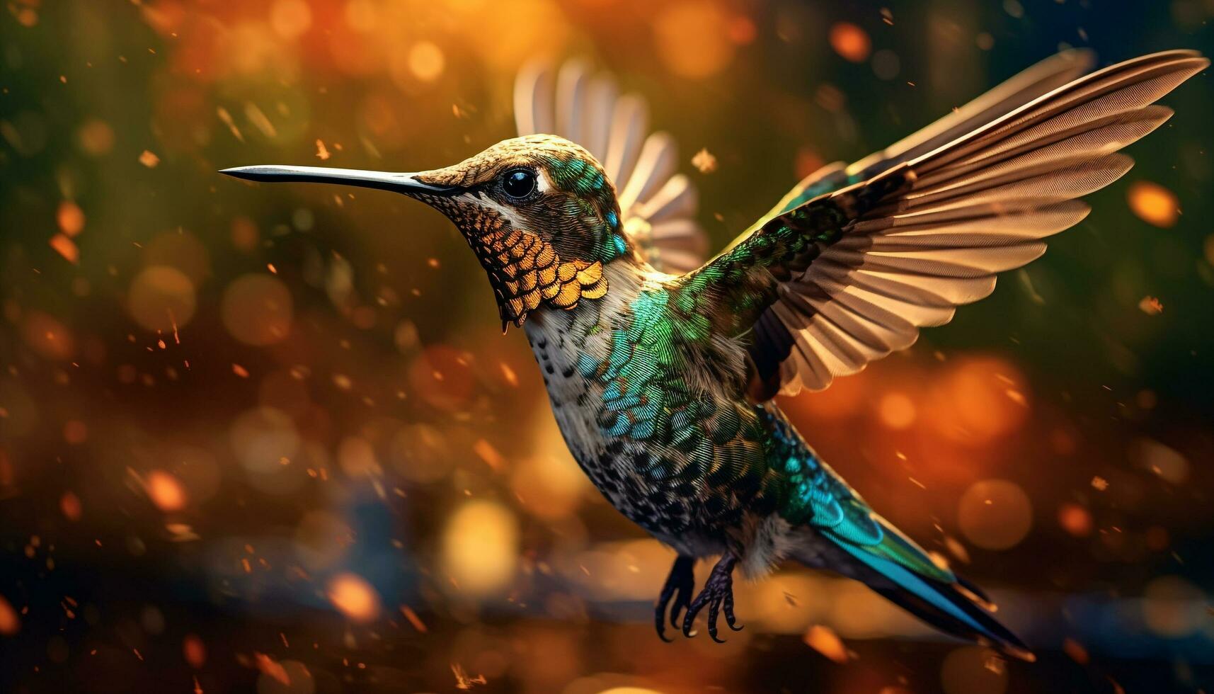 Hummingbird perching on branch, wings spread, vibrant colors illuminated generated by AI photo