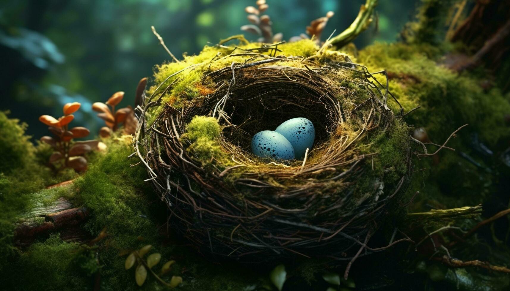 New life in nature  birds nest, green tree, animal egg generated by AI photo