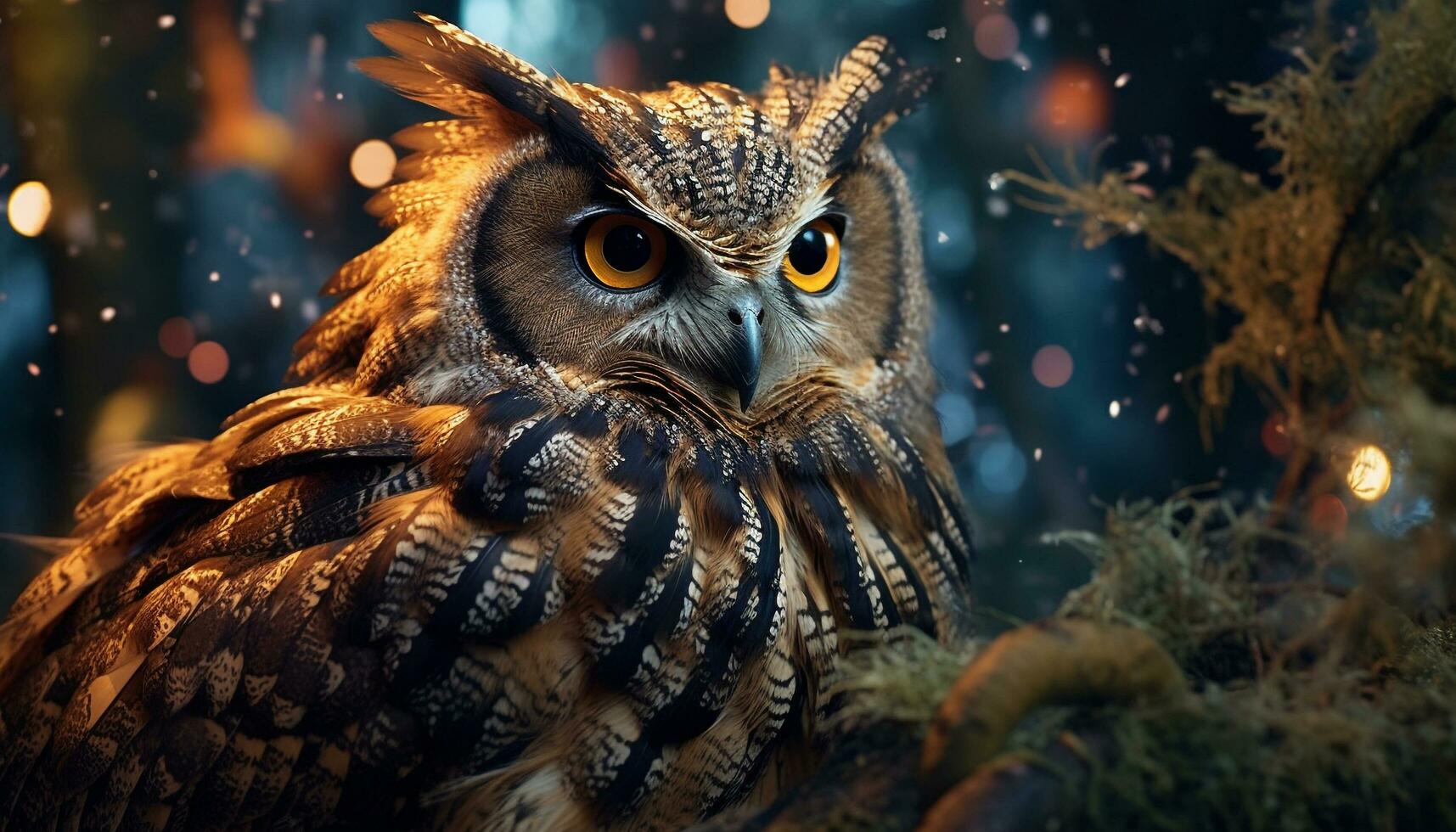 Eagle owl perching on branch, staring at camera, majestic beauty generated by AI photo