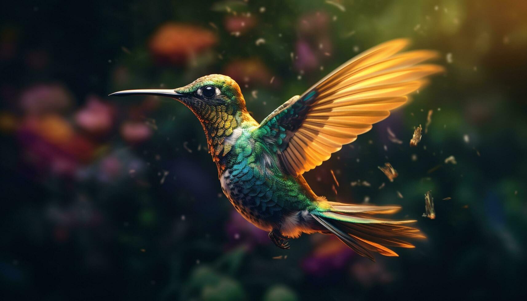 Hummingbird flying, vibrant colors, nature beauty, iridescent feathers, small bird generated by AI photo
