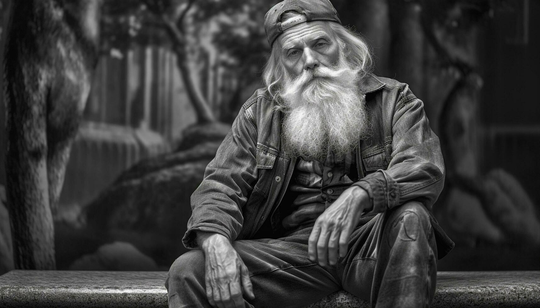 A wise old man in a winter forest, looking at camera generated by AI photo